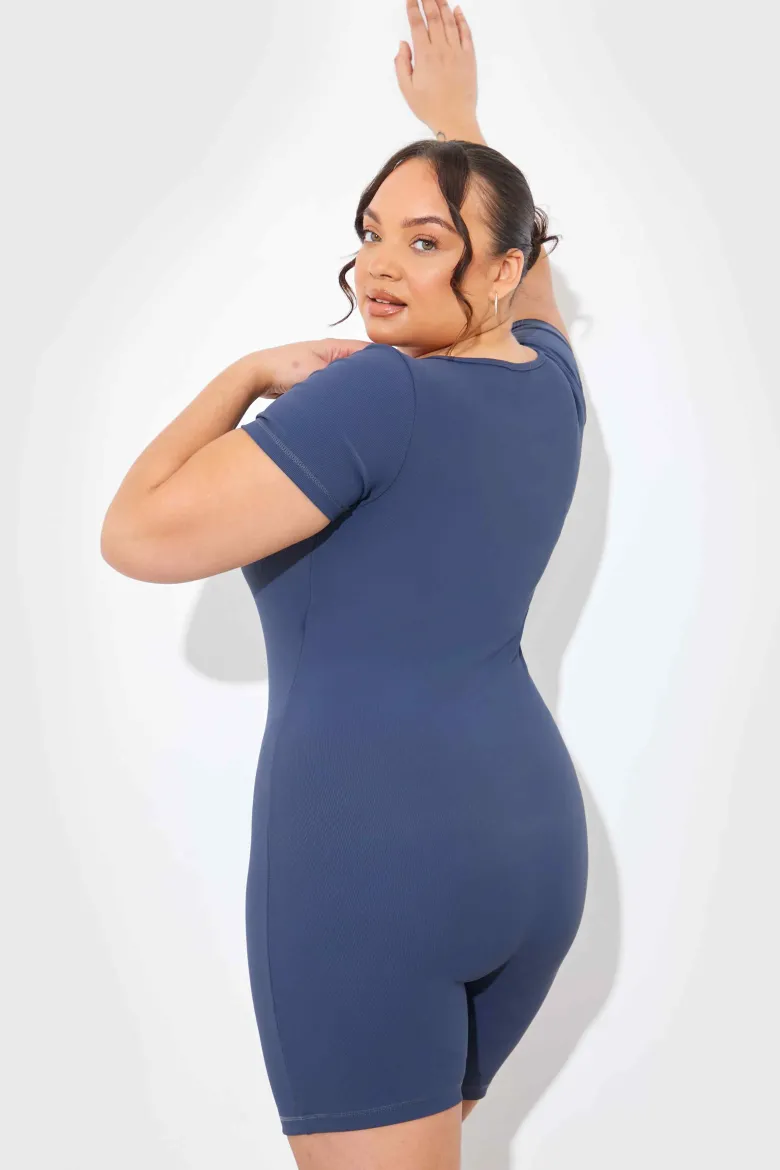 Built-In Bra Notched Neck Short Sleeve Sculpt and Control Short Unitar
