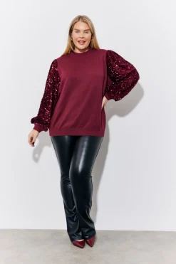 Burgundy Sequin Balloon Sleeve Knitted Jumper