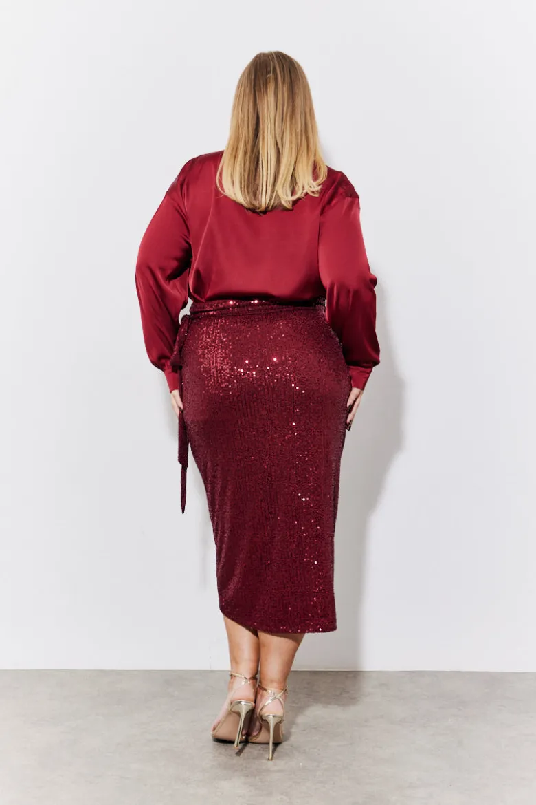 Burgundy Sequin Wrap Midi Skirt