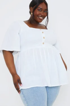Button Front Shirred Bust Top
