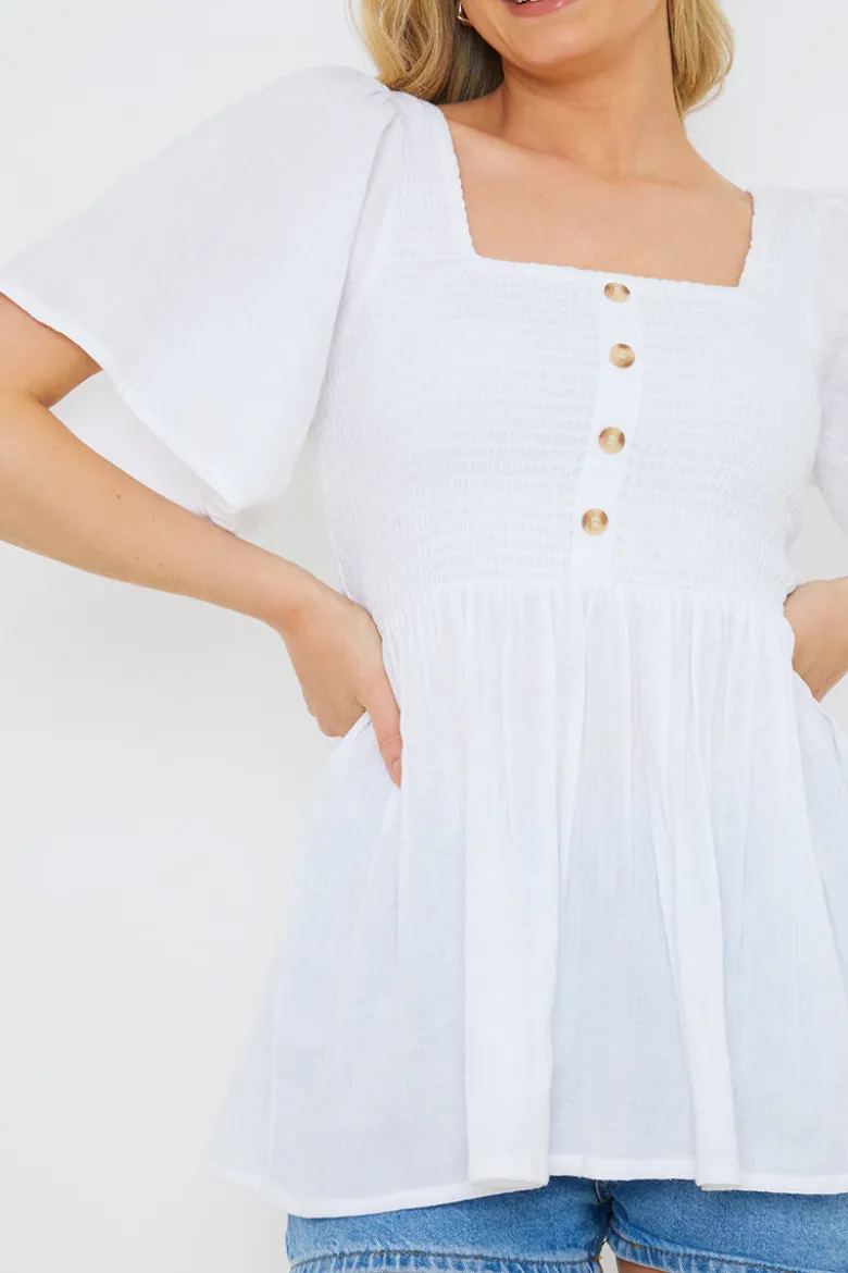 Button Front Shirred Bust Top