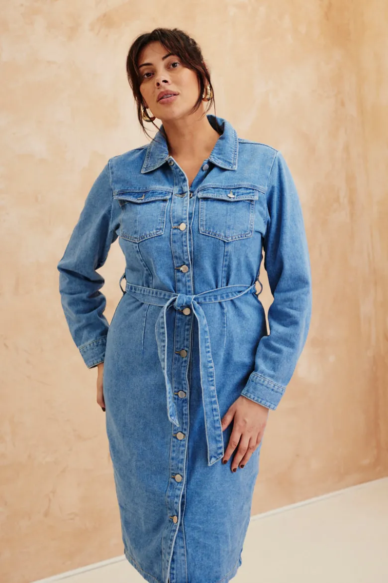 Button Through Tie Waist Denim Dress