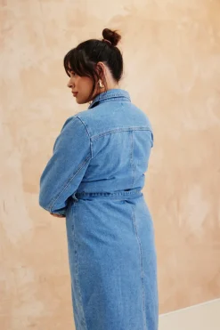 Button Through Tie Waist Denim Dress