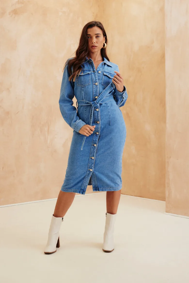 Button Through Tie Waist Denim Dress