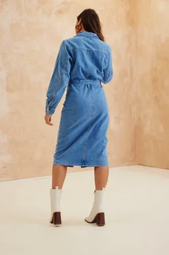 Button Through Tie Waist Denim Dress