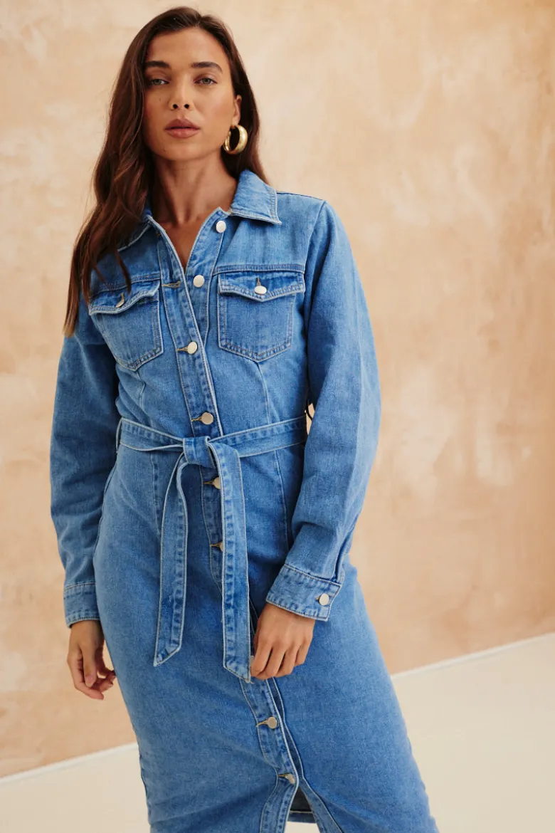 Button Through Tie Waist Denim Dress