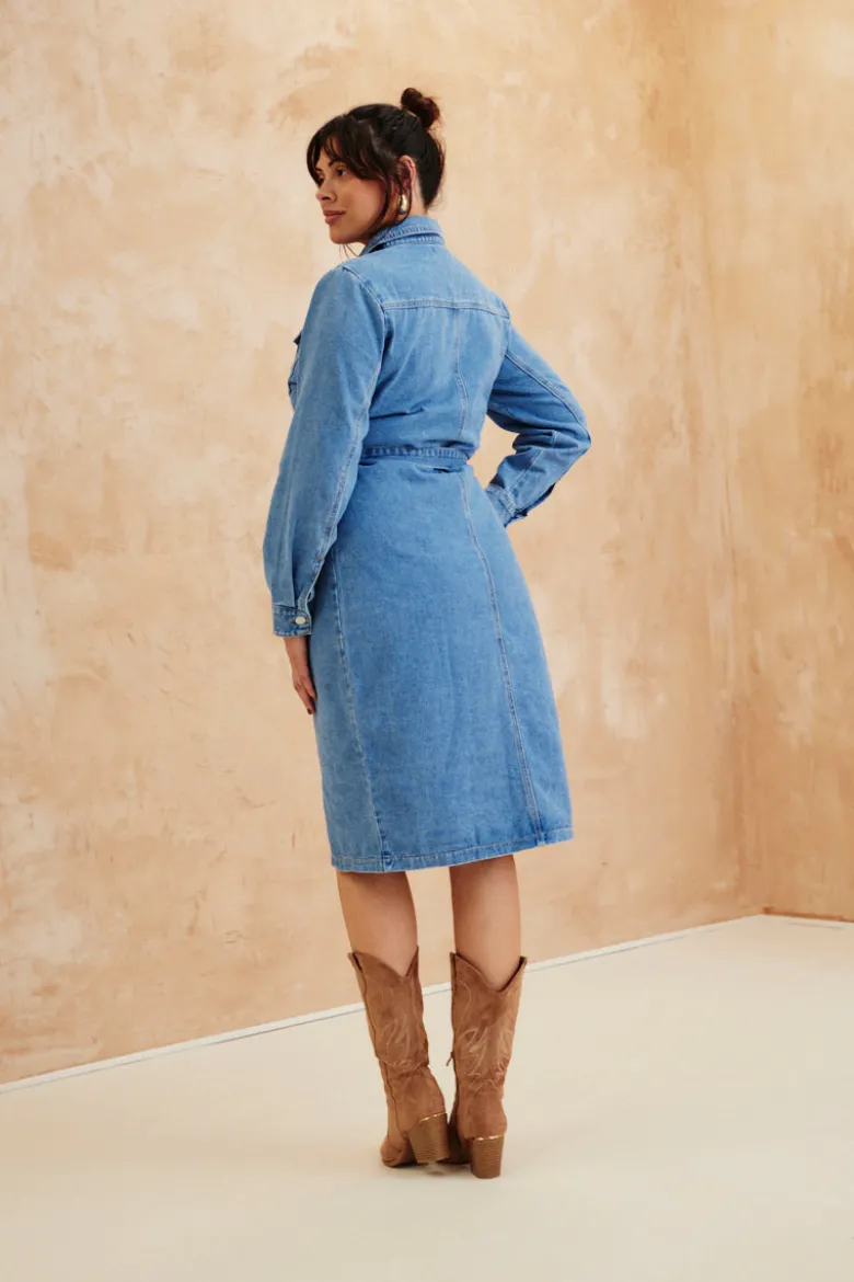 Button Through Tie Waist Denim Dress