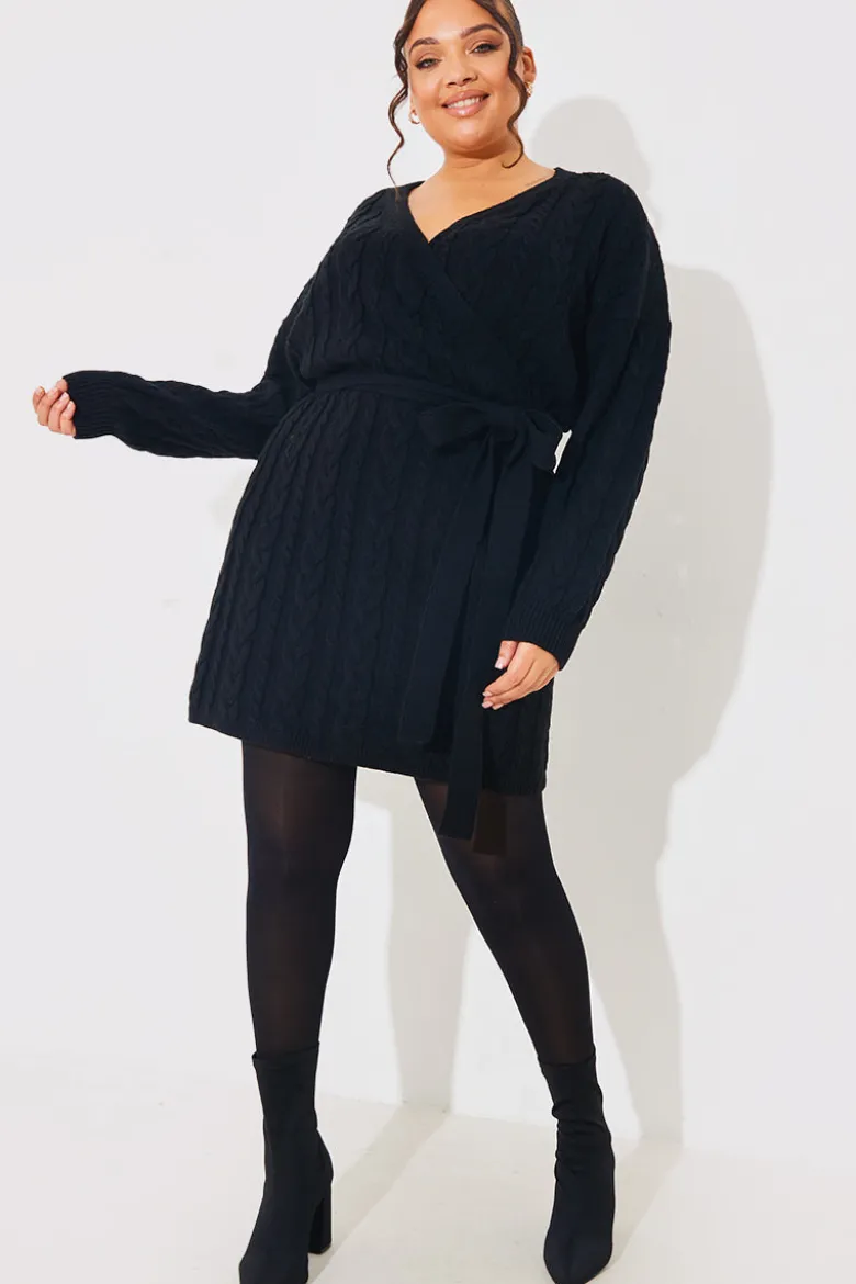 Cable Knit Belted Wrap Dress