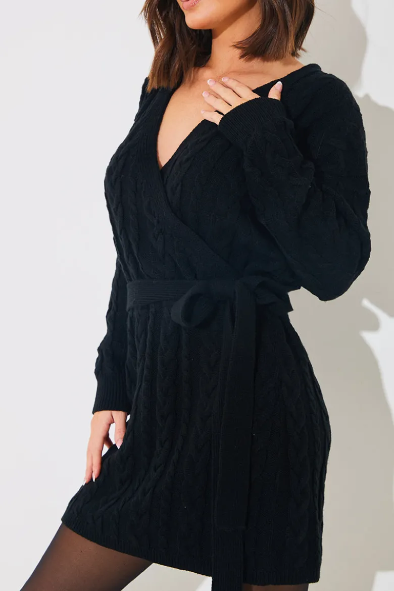 Cable Knit Belted Wrap Dress