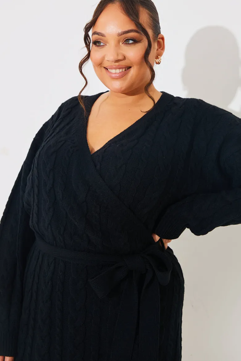 Cable Knit Belted Wrap Dress