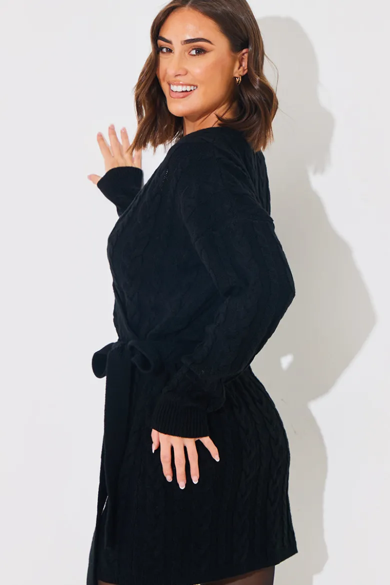 Cable Knit Belted Wrap Dress