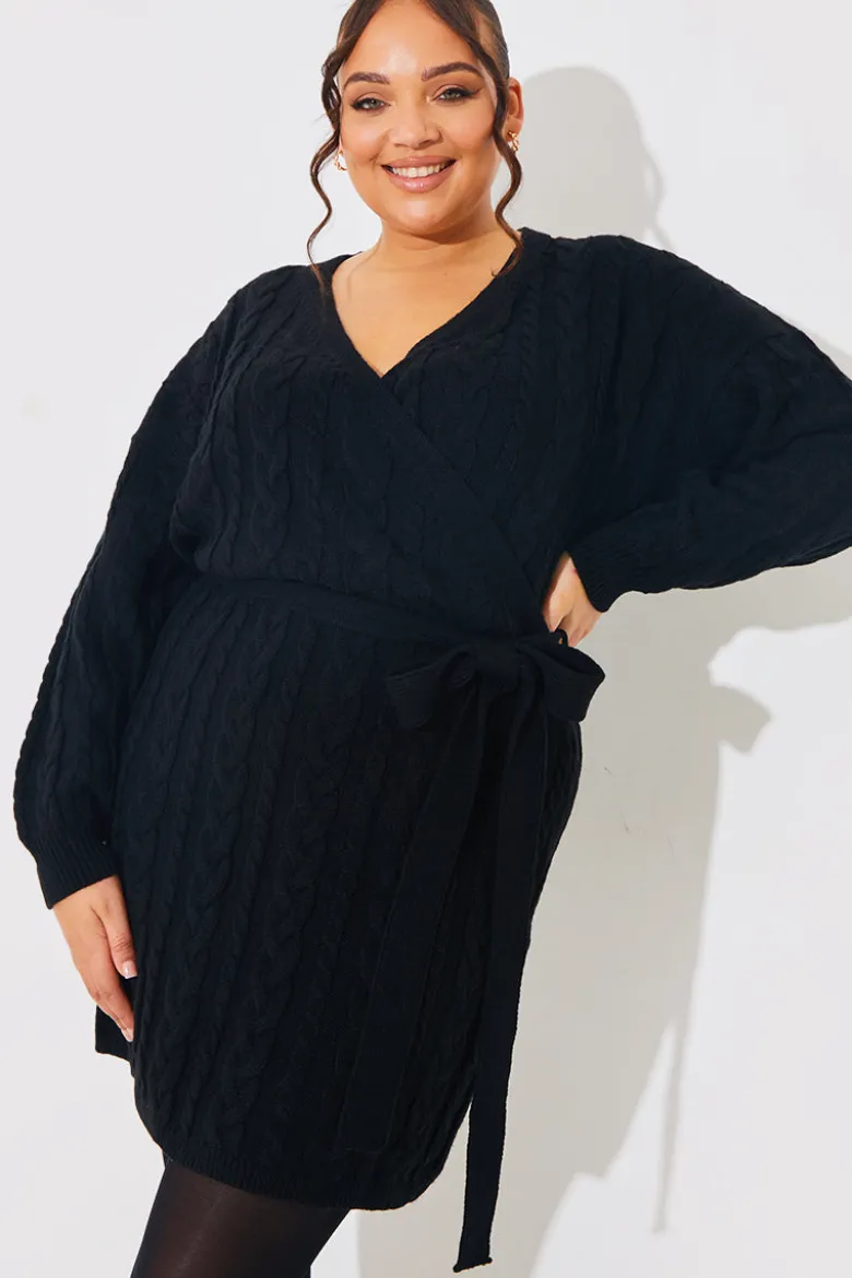 Cable Knit Belted Wrap Dress
