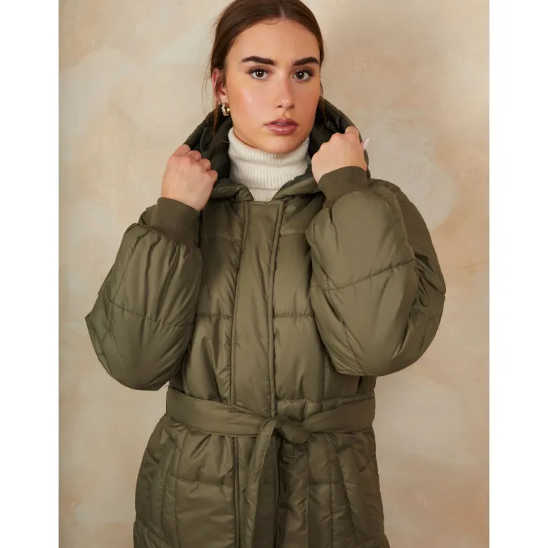 Check Padded Longline Belted Coat in Khaki
