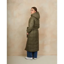 Check Padded Longline Belted Coat in Khaki