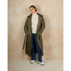 Check Padded Longline Belted Coat in Khaki