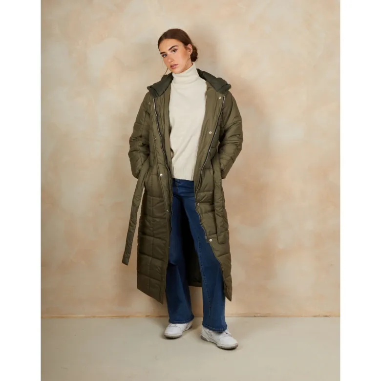 Check Padded Longline Belted Coat in Khaki