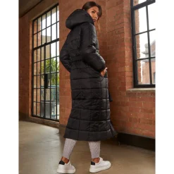 Chi Chi London Check Padded Longline Belted Coat in Black