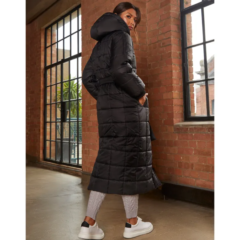 Chi Chi London Check Padded Longline Belted Coat in Black