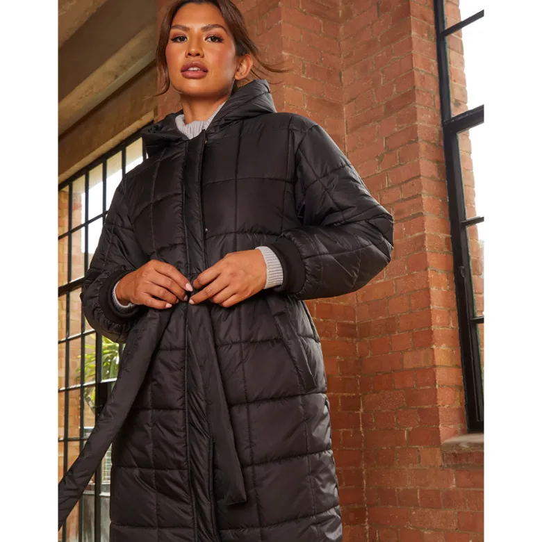 Chi Chi London Check Padded Longline Belted Coat in Black
