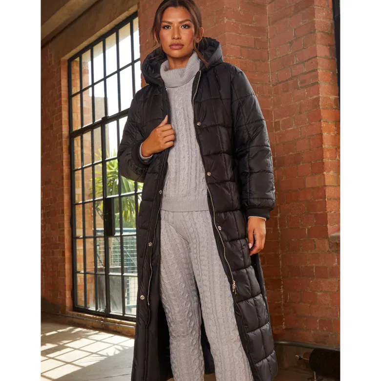 Chi Chi London Check Padded Longline Belted Coat in Black