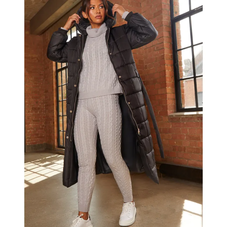 Chi Chi London Check Padded Longline Belted Coat in Black