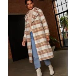 Chi Chi London Check Wrap Tie Waist Coat in Cream