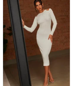 Chi Chi London Cold Shoulder Pearl Detail Rib Midi Dress in Cream