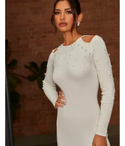 Chi Chi London Cold Shoulder Pearl Detail Rib Midi Dress in Cream