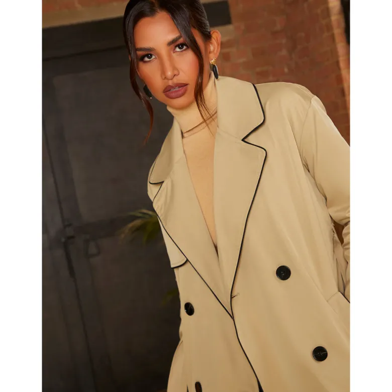 Chi Chi London Contrast Trim Belted Trench Coat in Camel