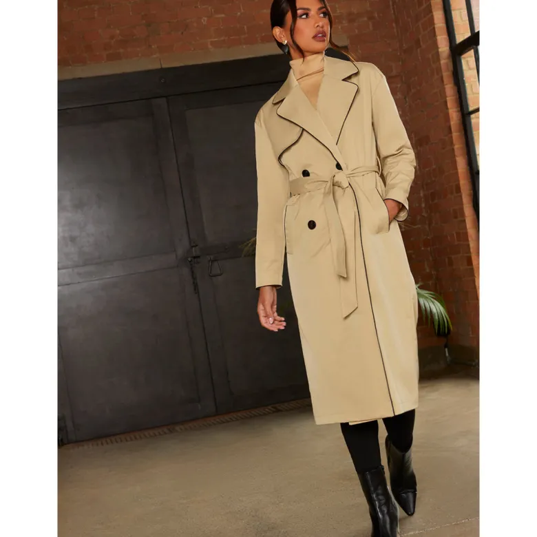 Chi Chi London Contrast Trim Belted Trench Coat in Camel