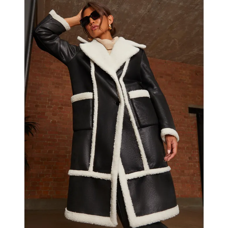 Chi Chi London Contrast Trim Borg Coat in Black