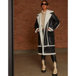 Chi Chi London Contrast Trim Borg Coat in Black
