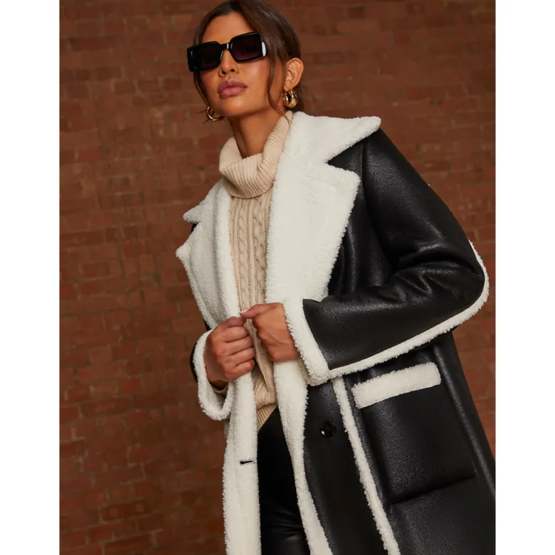 Chi Chi London Contrast Trim Borg Coat in Black