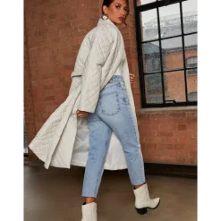 Chi Chi London Diamond Quilted Longline Belted Coat in Cream
