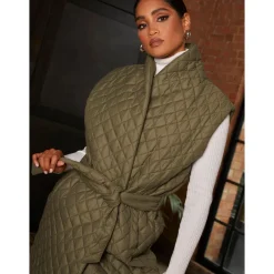 Chi Chi London Diamond Quilted Longline Belted Gilet in Khaki