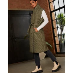 Chi Chi London Diamond Quilted Longline Belted Gilet in Khaki