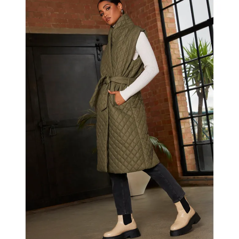 Chi Chi London Diamond Quilted Longline Belted Gilet in Khaki