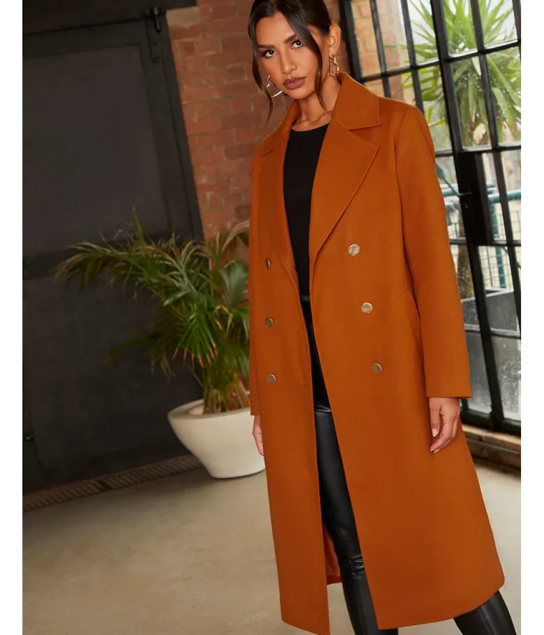 Chi Chi London Double Breasted Longline Coat in Orange