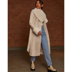 Chi Chi London Faux Leather Longline Coat with Faux Fur Trim in Taupe