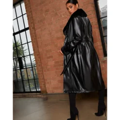 Chi Chi London Faux Leather Longline Coat with Faux Fur Trim in Black