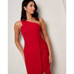 Chi Chi London One Shoulder Split Detail Midi Dress in Red