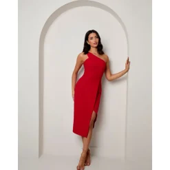 Chi Chi London One Shoulder Split Detail Midi Dress in Red