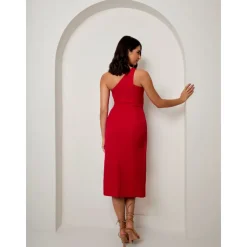 Chi Chi London One Shoulder Split Detail Midi Dress in Red