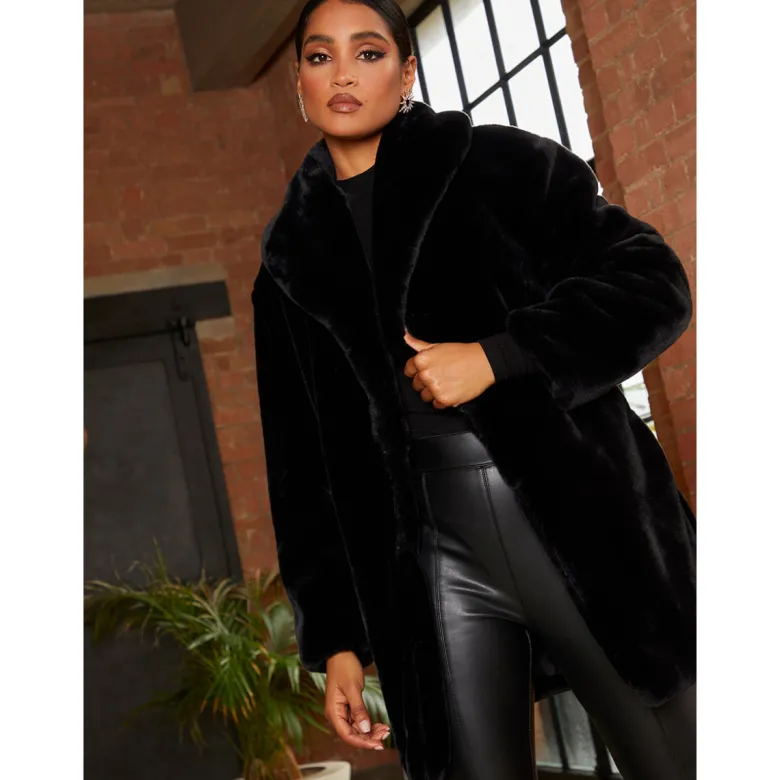 Chi Chi London Plush Faux Fur Coat in Black