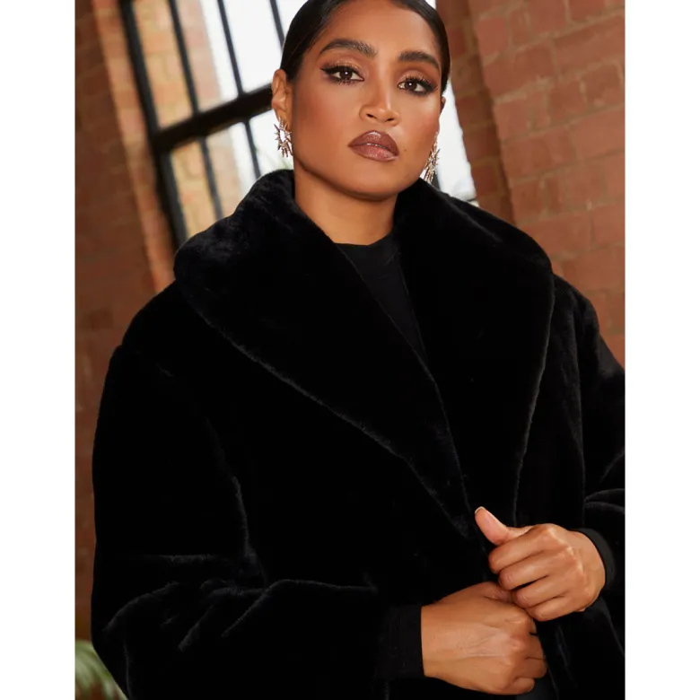Chi Chi London Plush Faux Fur Coat in Black