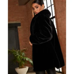 Chi Chi London Plush Faux Fur Coat in Black
