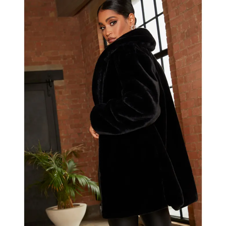 Chi Chi London Plush Faux Fur Coat in Black