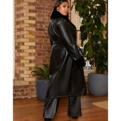 Chi Chi London Plus Size Faux Leather Longline Coat with Faux Fur Trim