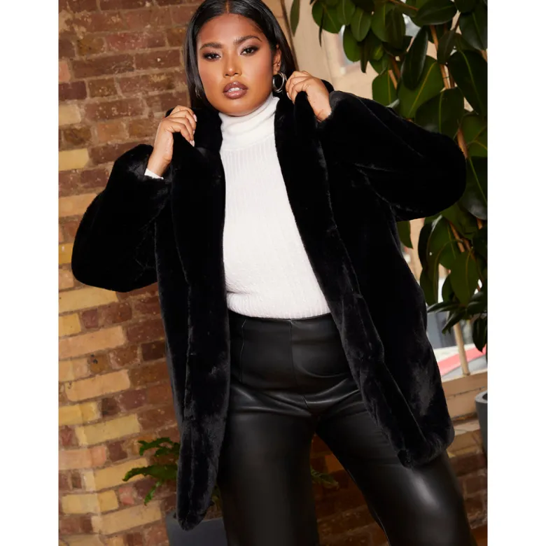 Chi Chi London Plus Size Plush Faux Fur Coat in Black