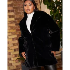 Chi Chi London Plus Size Plush Faux Fur Coat in Black